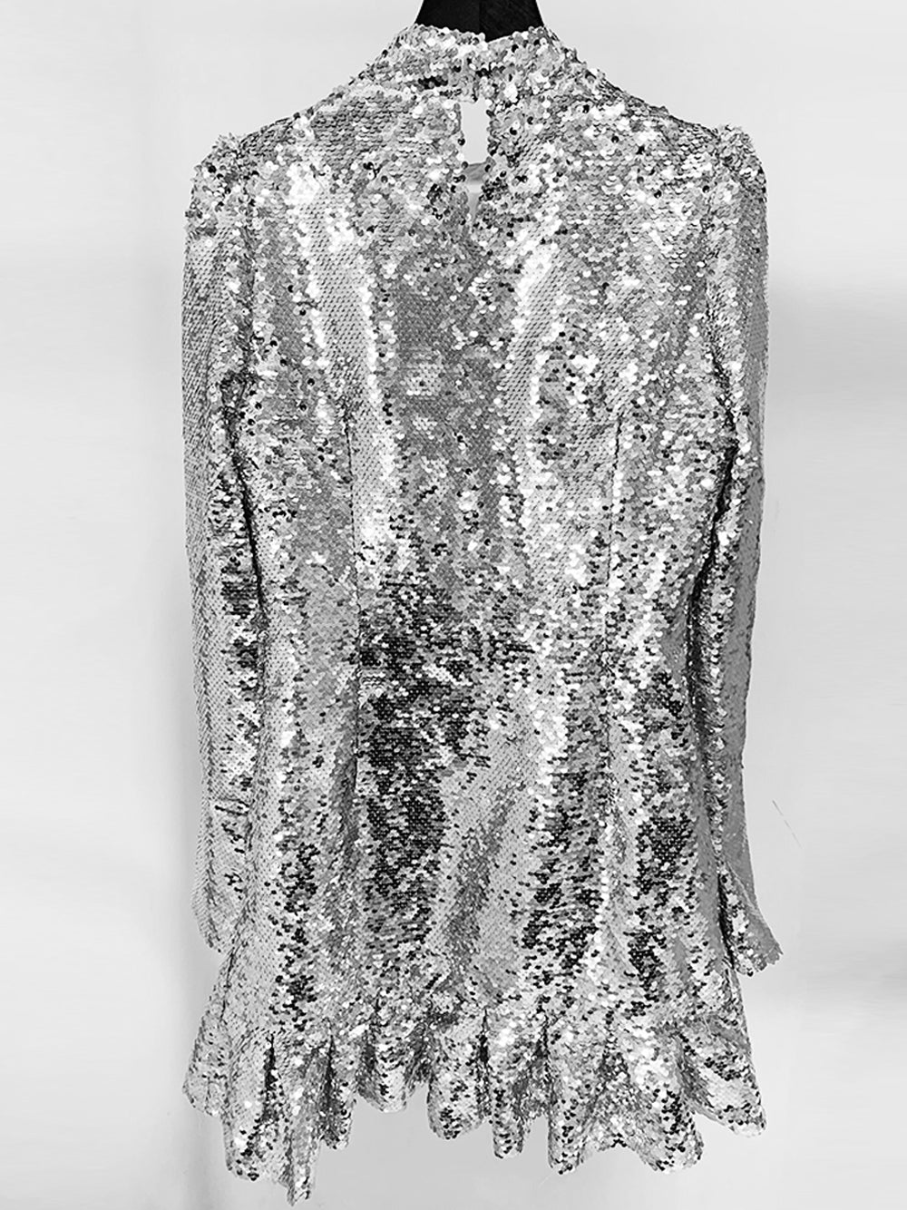 Sequin High Neck Long Sleeve Ruffle Hem Mini Party Dress