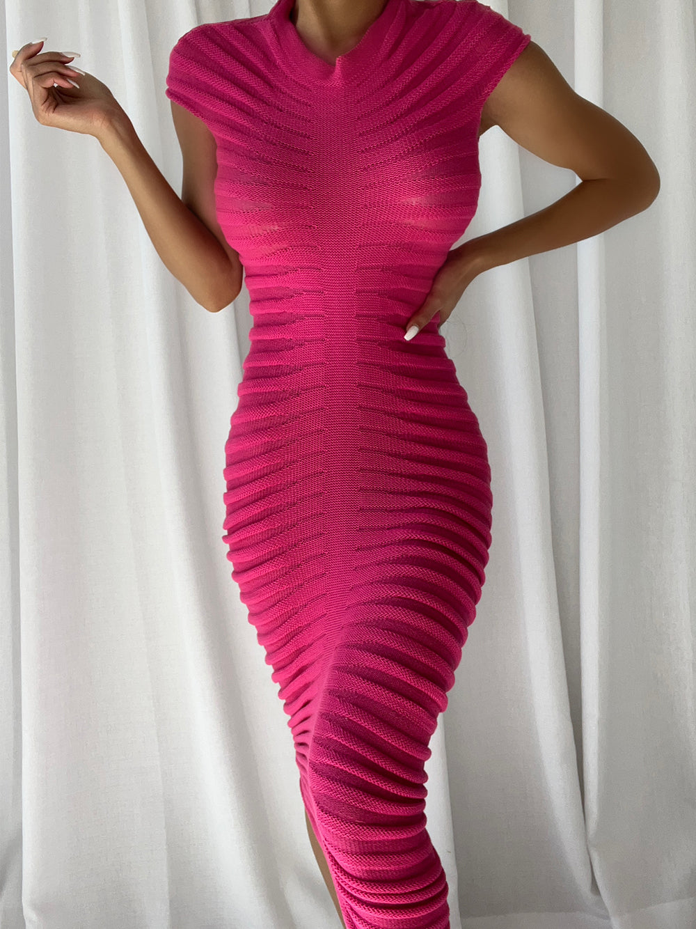 Ribbed Knit Mock Neck Cap Sleeve Bodycon Midi Dress