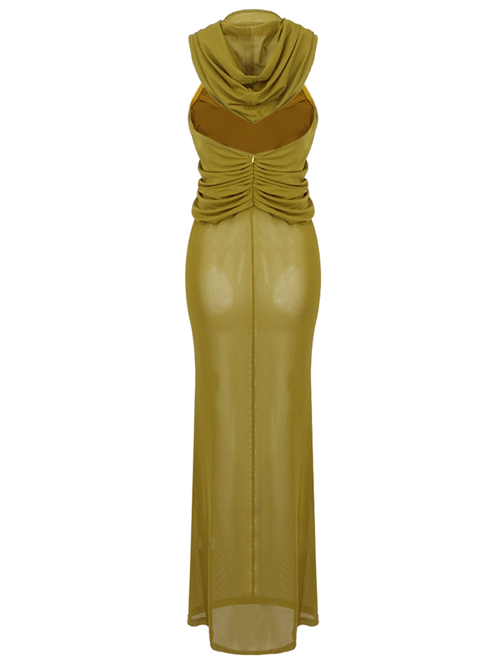 Hooded Cross Front Draped Bodice Sheer Mesh Sleeveless Maxi Dress