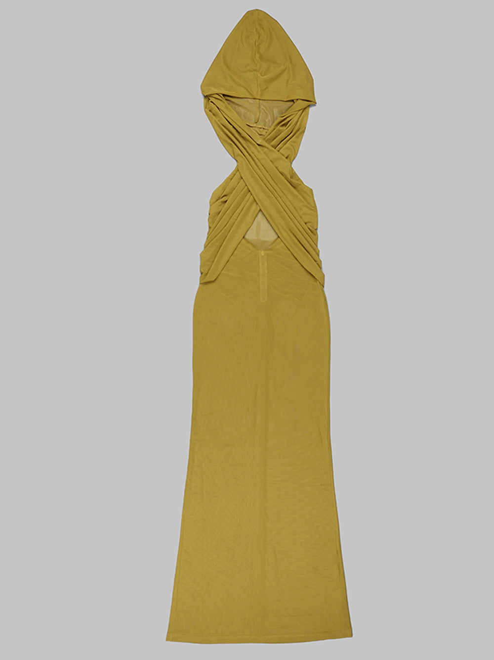 Hooded Cross Front Draped Bodice Sheer Mesh Sleeveless Maxi Dress