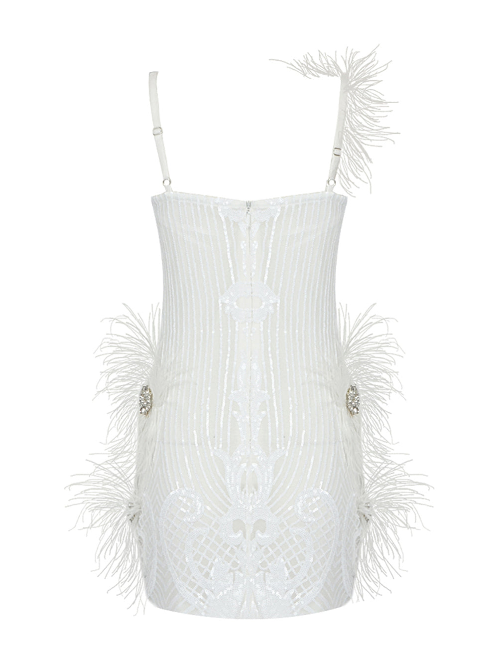 Sequin Deep V-Neck Feather Trim Bodycon Mini Dress