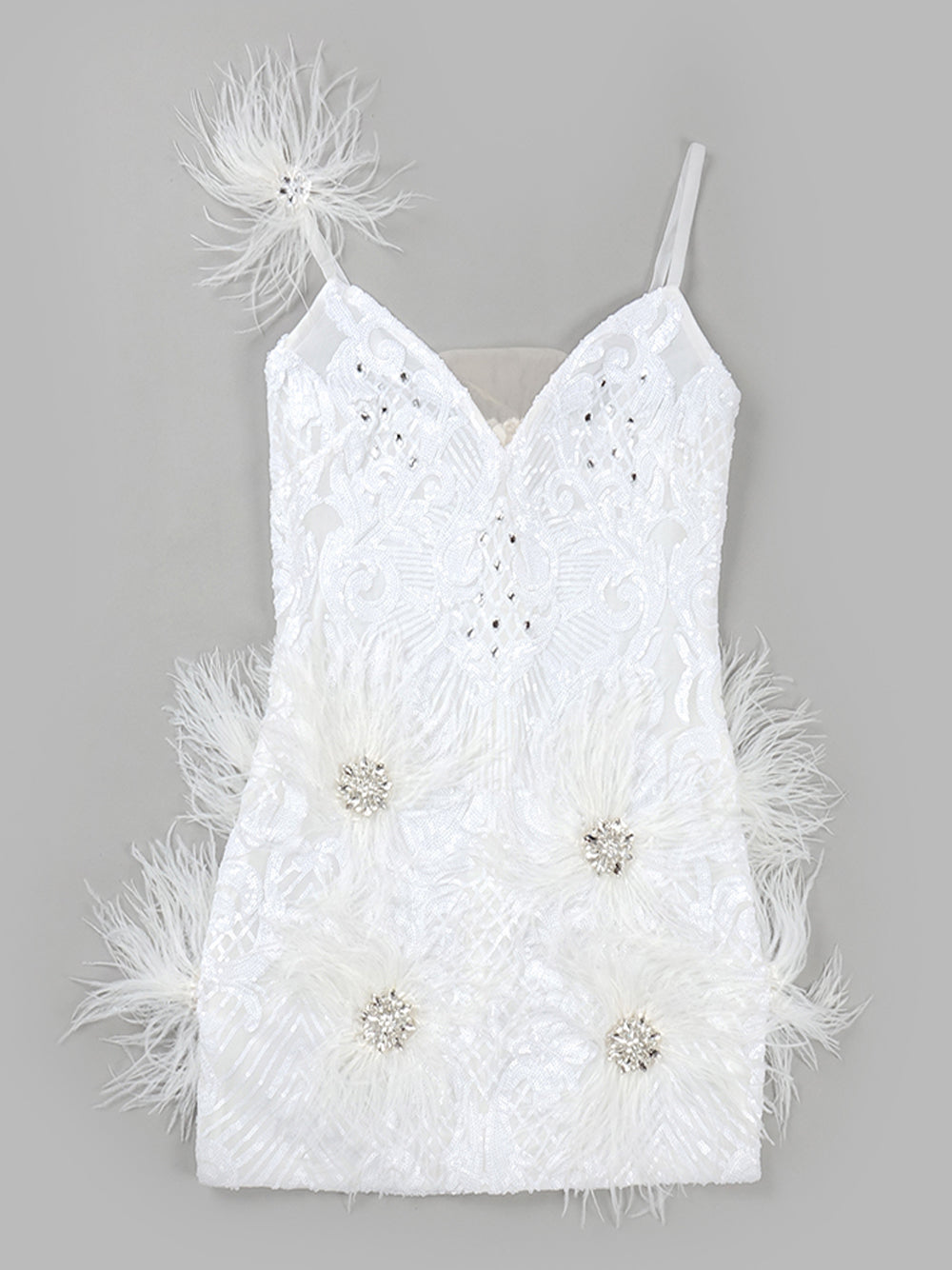 Sequin Deep V-Neck Feather Trim Bodycon Mini Dress