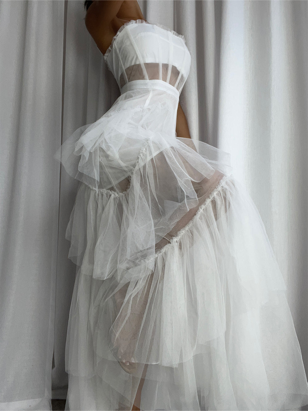 Tulle Corset Bodice Spaghetti Strap Tiered Ruffle Maxi Gown