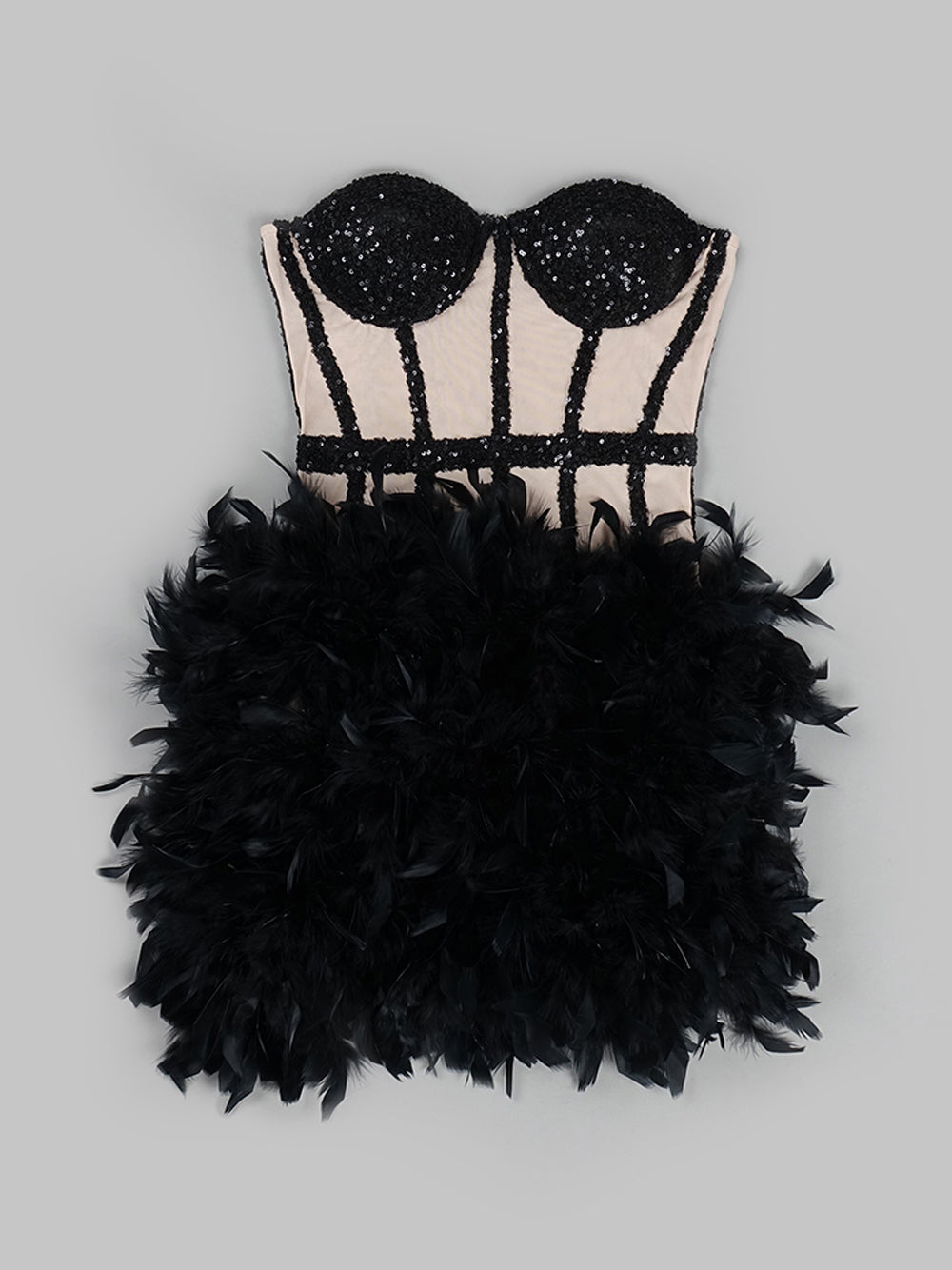 Strapless Sequin Mesh Corset Bodice Feather Skirt Mini Party Dress