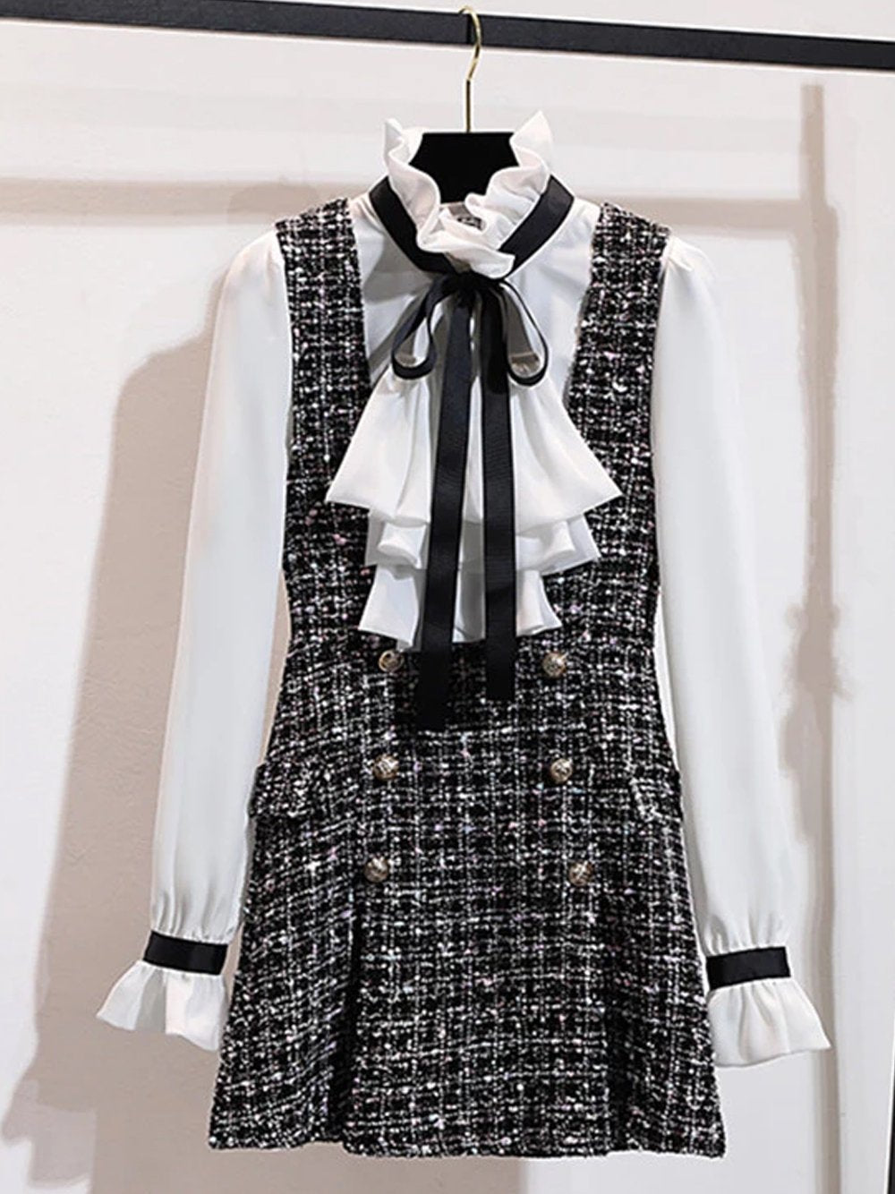 Ruffled Collar Ribbon Tie Blouse Tweed Pinafore Mini Dress Two Piece Set
