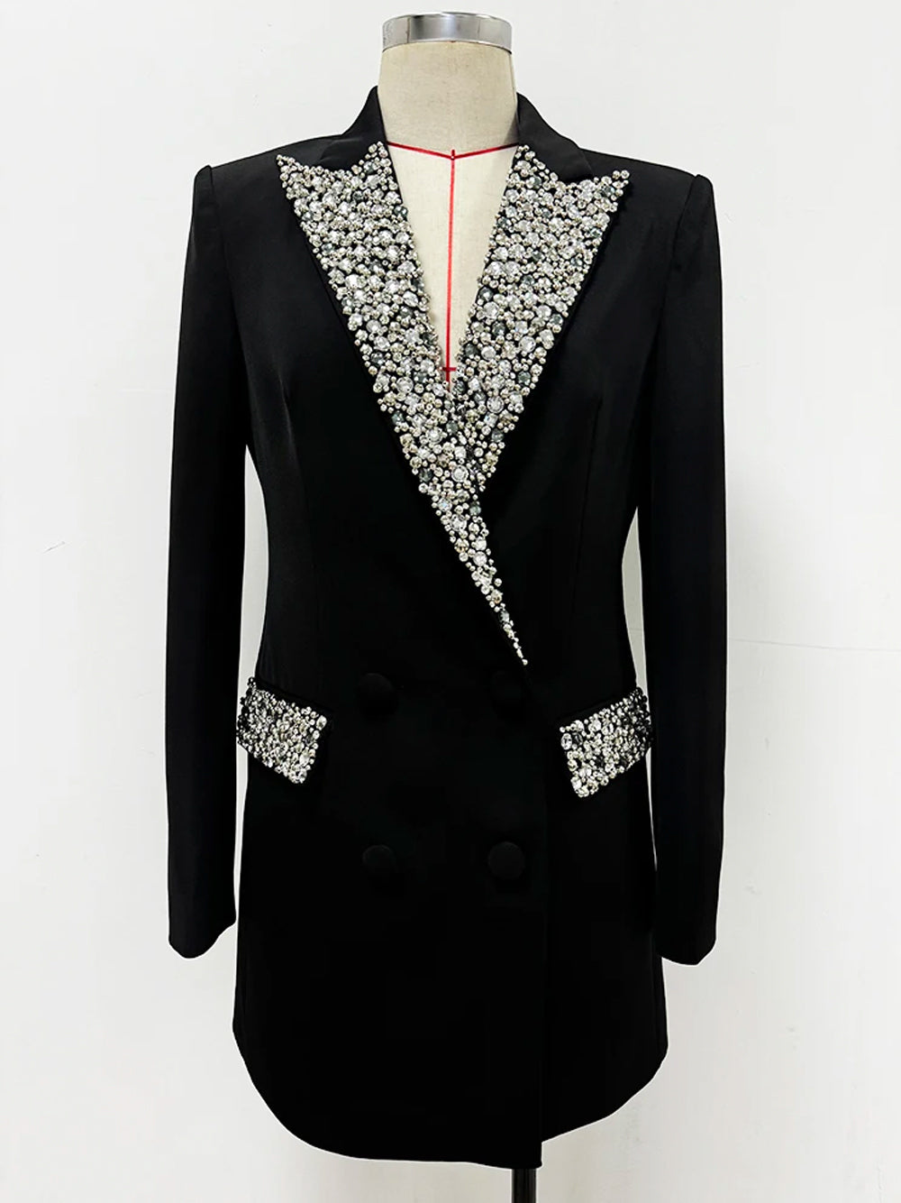 Rhinestone Crystal Embellished Double Breasted Long Sleeve Plunging V-Neck Blazer Mini Dress