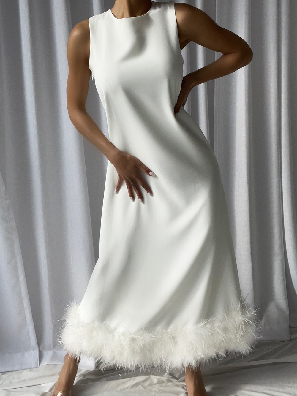Sleeveless Crew Neck Feather Trim Midi Dress