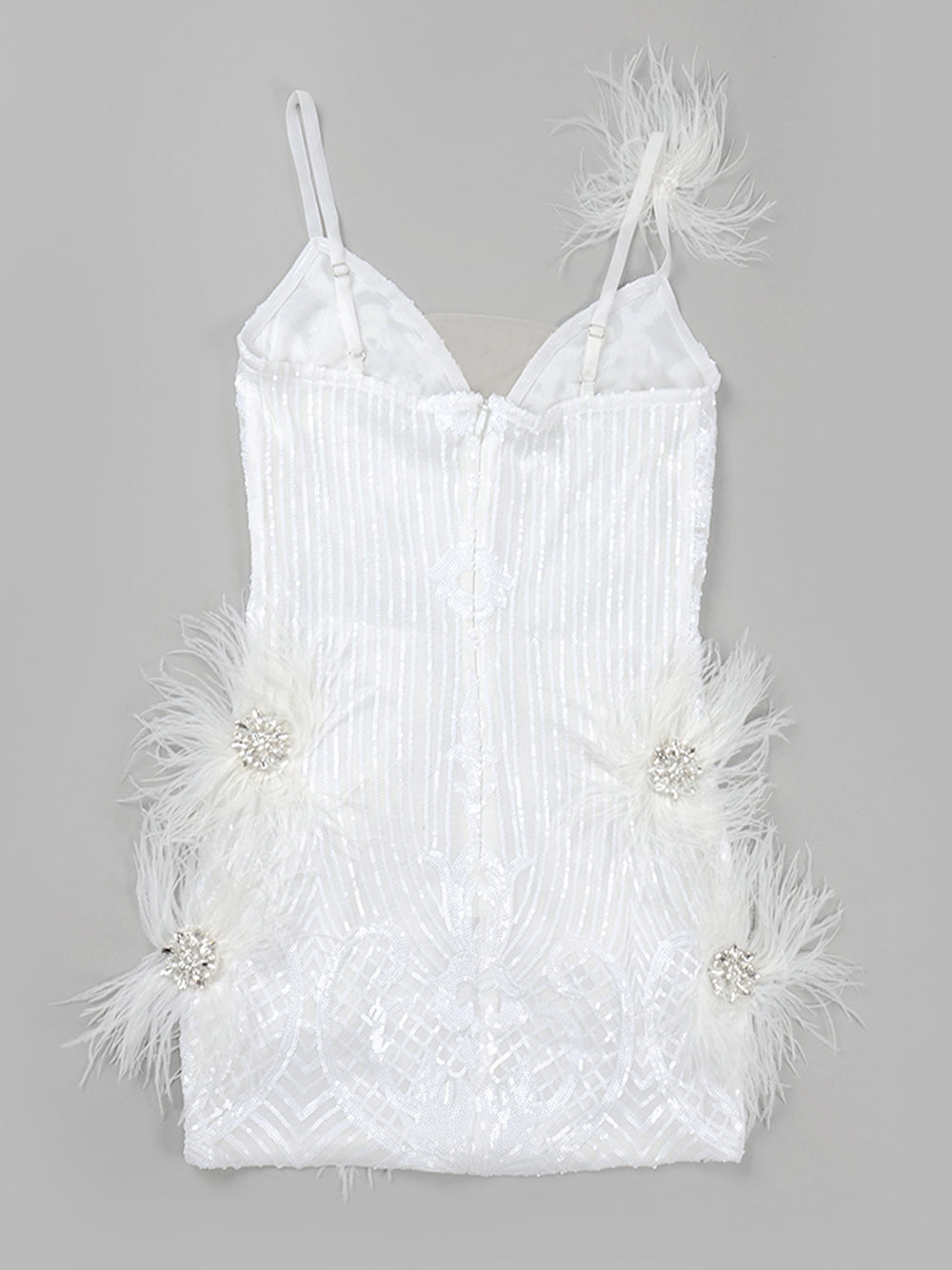 Sequin Deep V-Neck Feather Trim Bodycon Mini Dress