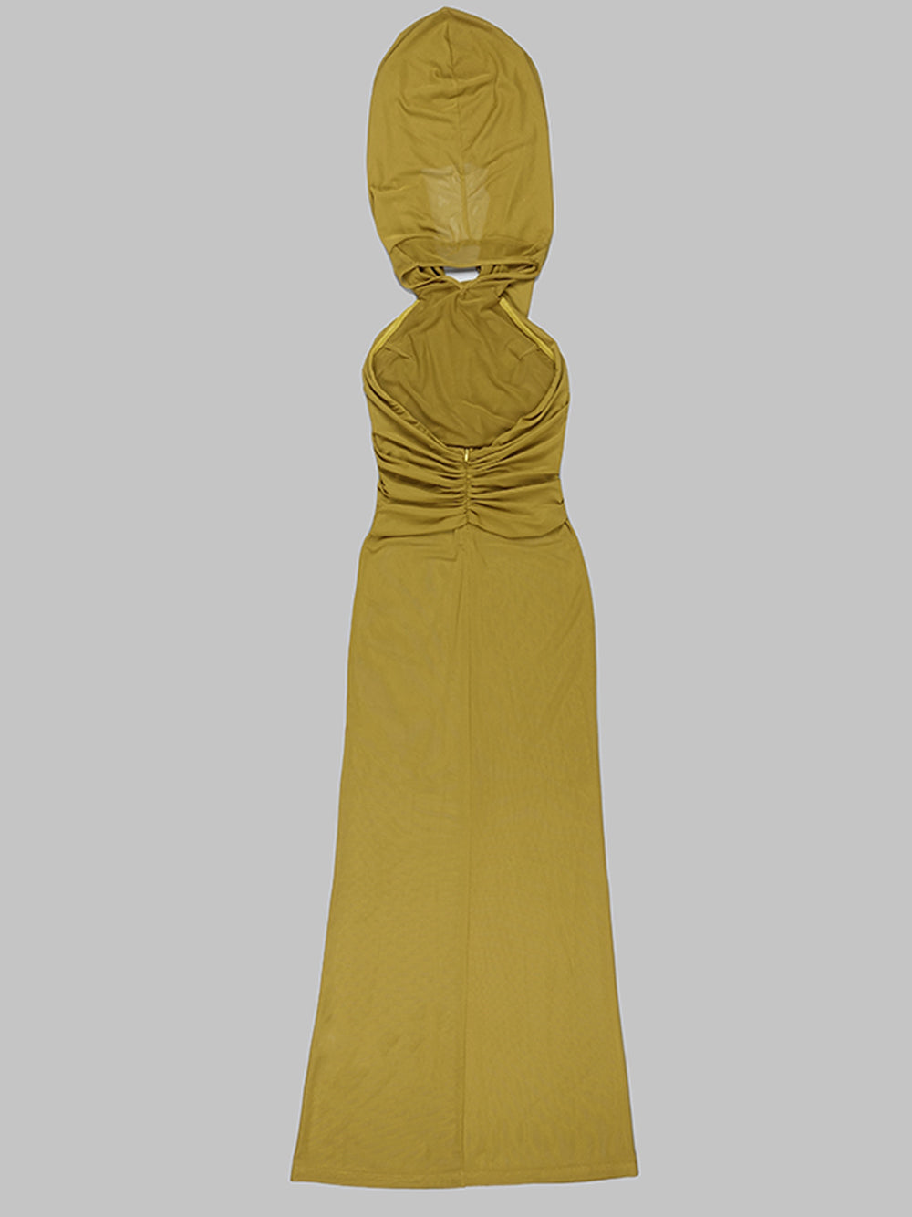 Hooded Cross Front Draped Bodice Sheer Mesh Sleeveless Maxi Dress