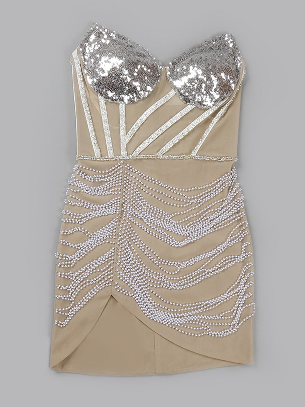 Sequin Strapless Sheer Corset Pearl Beaded Mini Dress