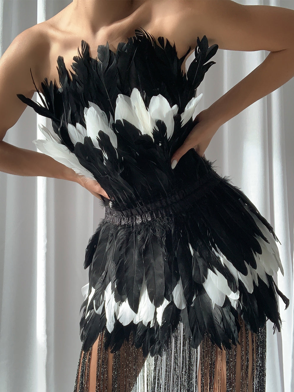 Strapless Feather Tiered Metallic Fringe Mini Dress