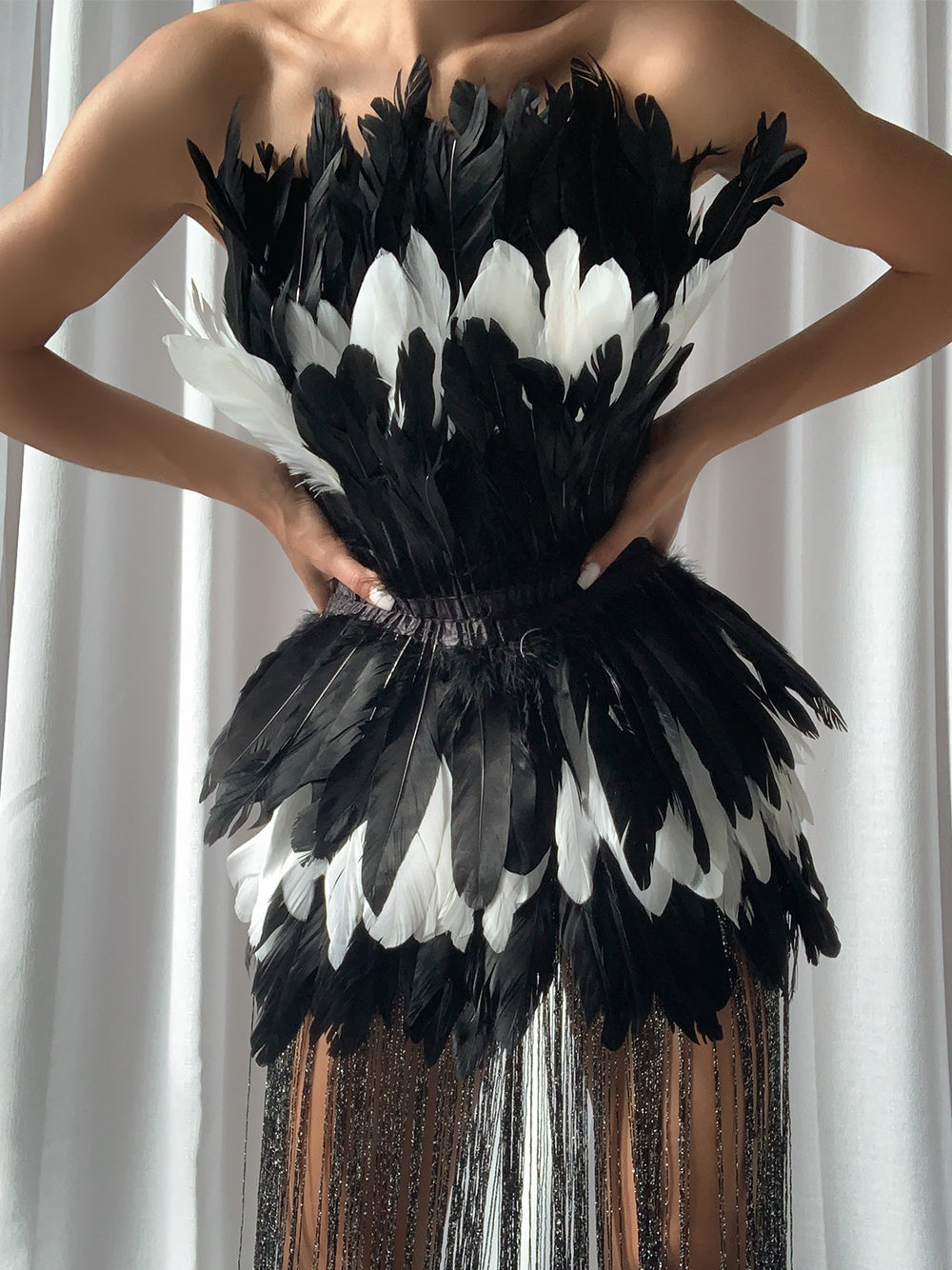 Strapless Feather Tiered Metallic Fringe Mini Dress