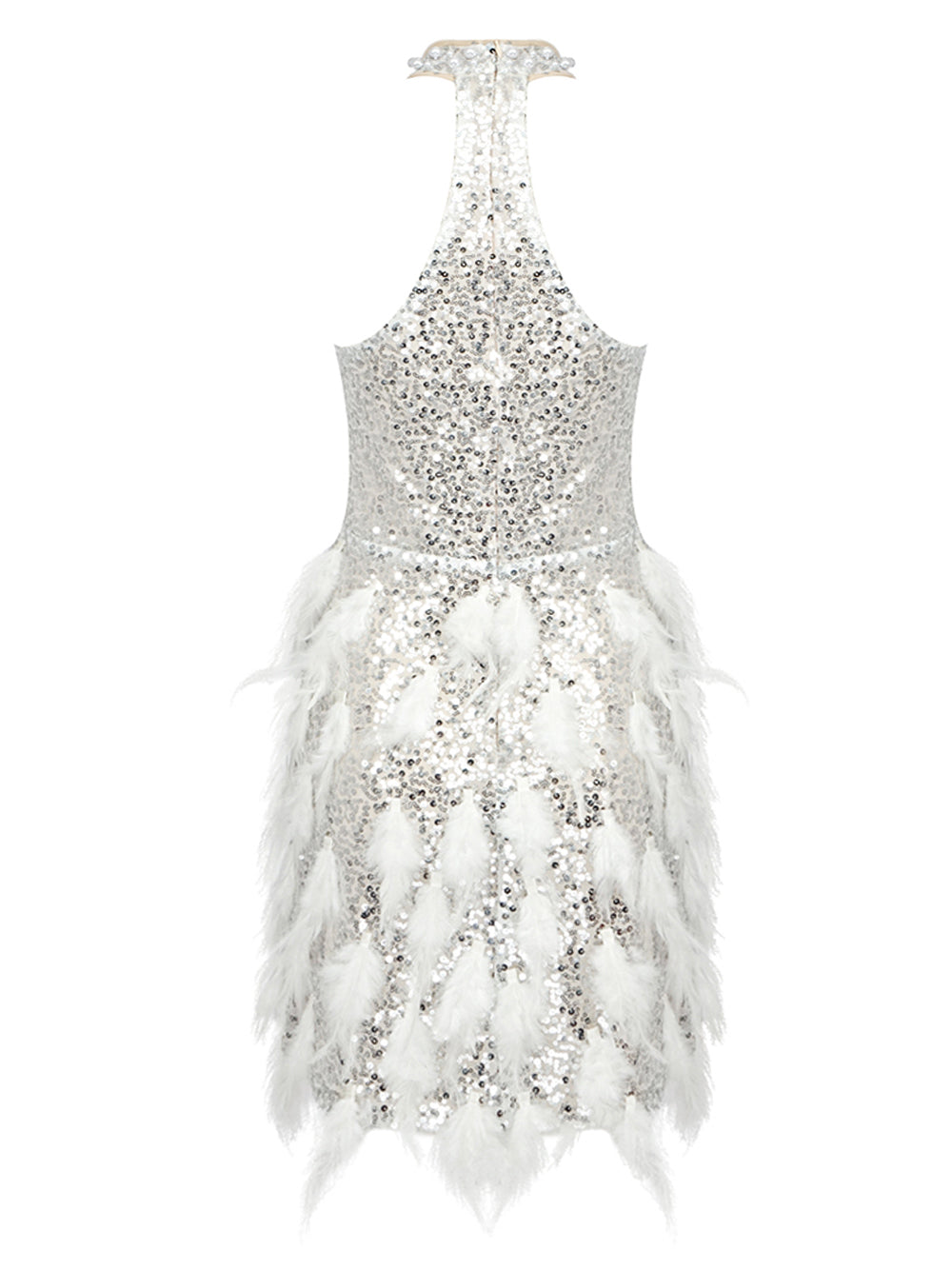 Sequin Halter Neck Plunge Feather Skirt Mini Dress