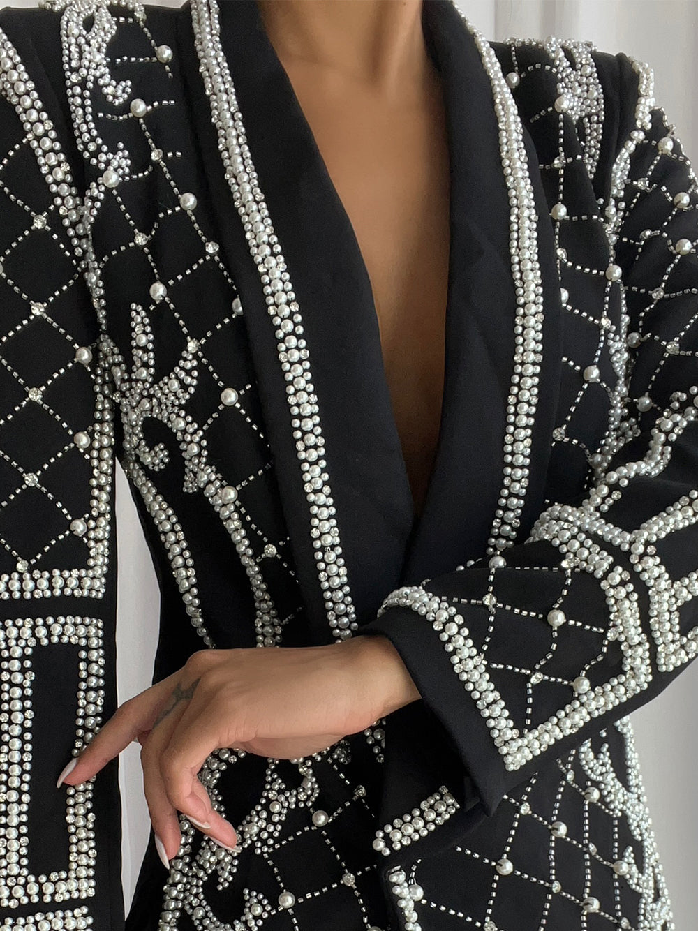 Pearl Beaded Rhinestone Grid Long Sleeve Deep V Blazer Mini Dress