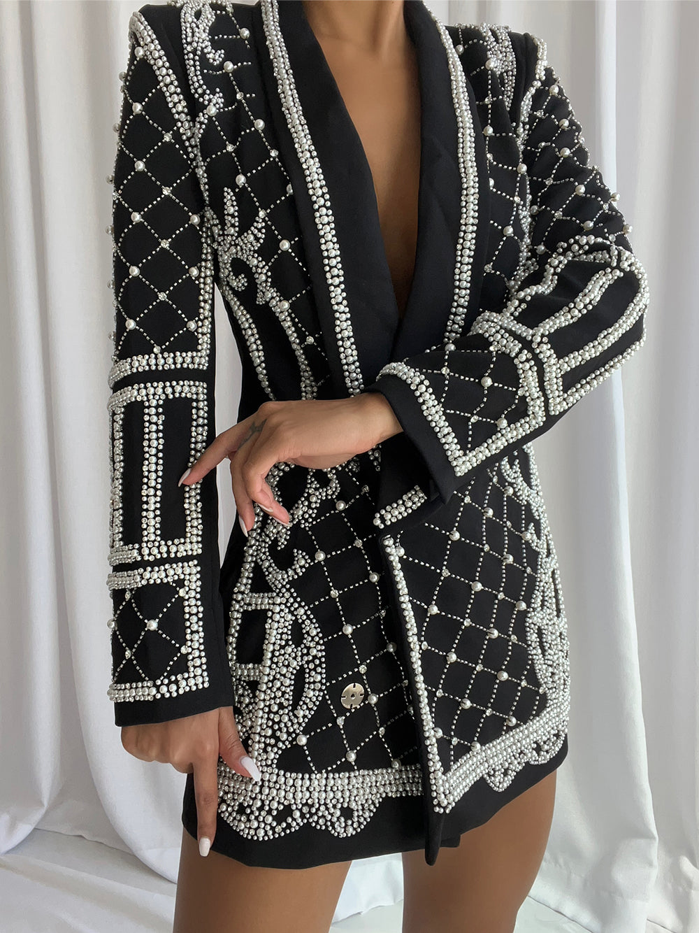 Pearl Beaded Rhinestone Grid Long Sleeve Deep V Blazer Mini Dress