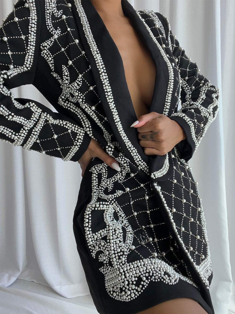 Pearl Beaded Rhinestone Grid Long Sleeve Deep V Blazer Mini Dress