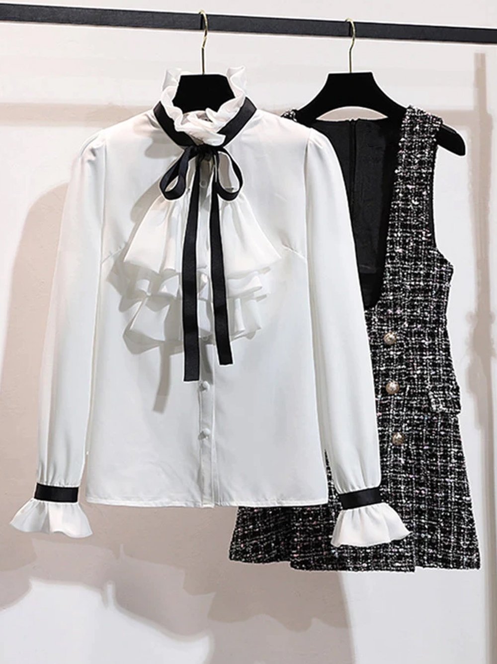 Ruffled Collar Ribbon Tie Blouse Tweed Pinafore Mini Dress Two Piece Set