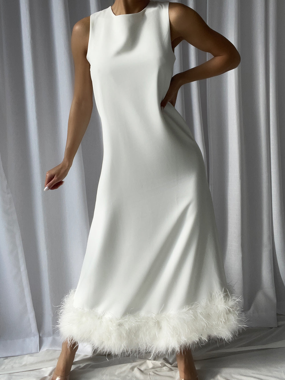Sleeveless Crew Neck Feather Trim Midi Dress