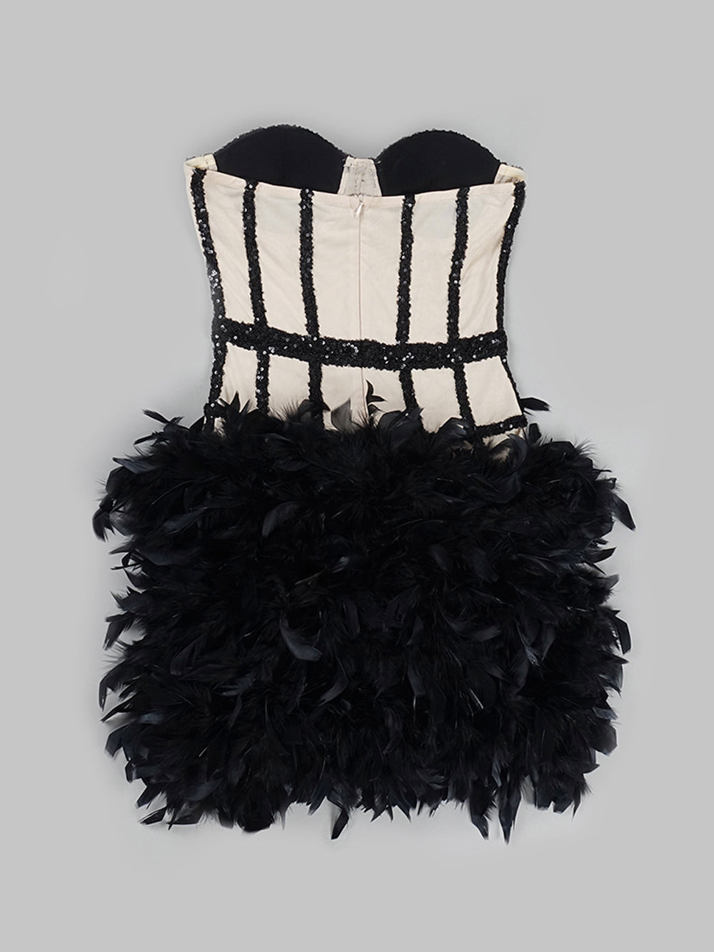 Strapless Sequin Mesh Corset Bodice Feather Skirt Mini Party Dress