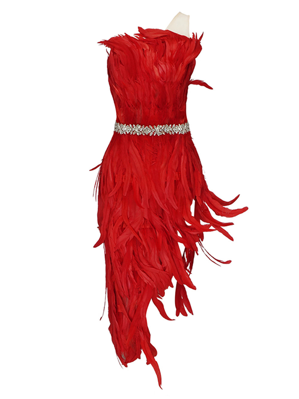 Strapless Rhinestone Belt Asymmetric Feather Hem Bodycon Mini Dress
