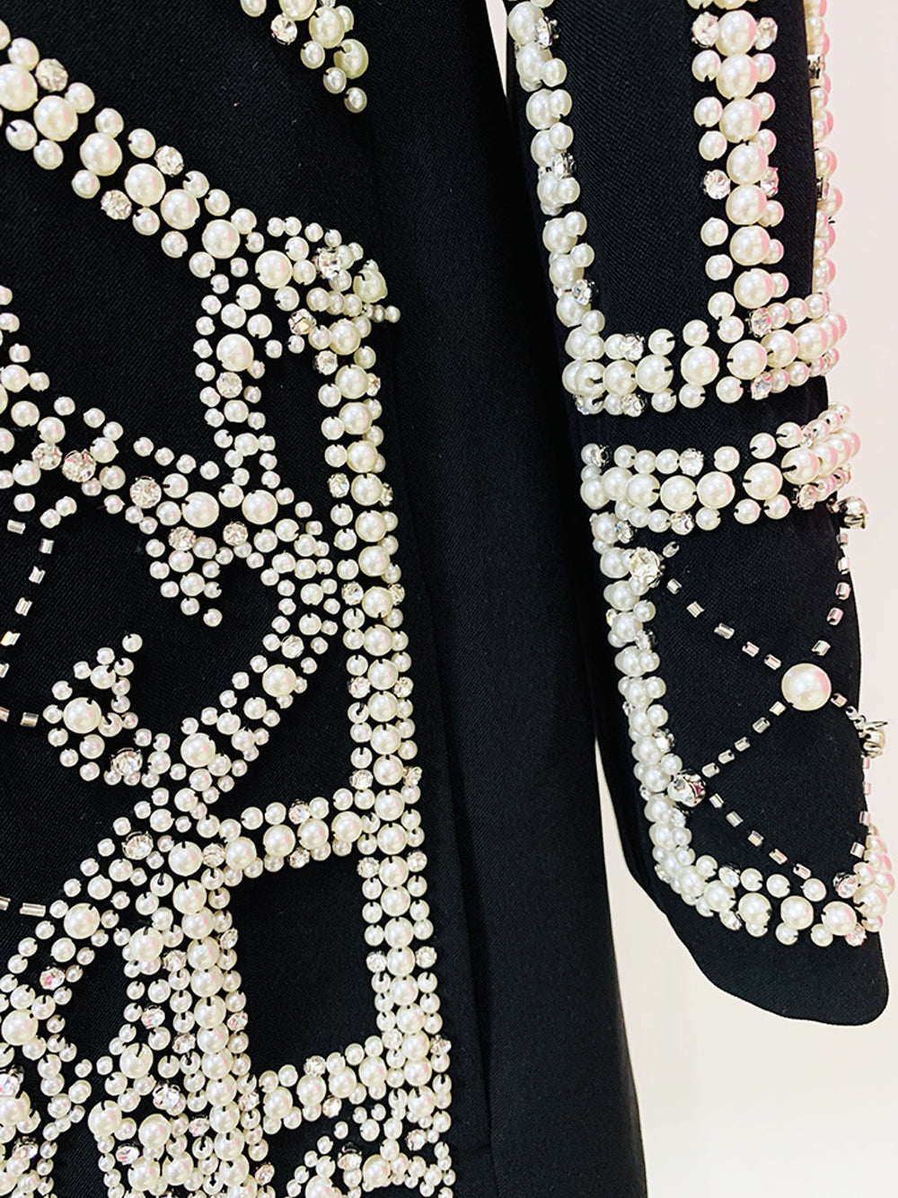 Pearl Beaded Rhinestone Grid Long Sleeve Deep V Blazer Mini Dress