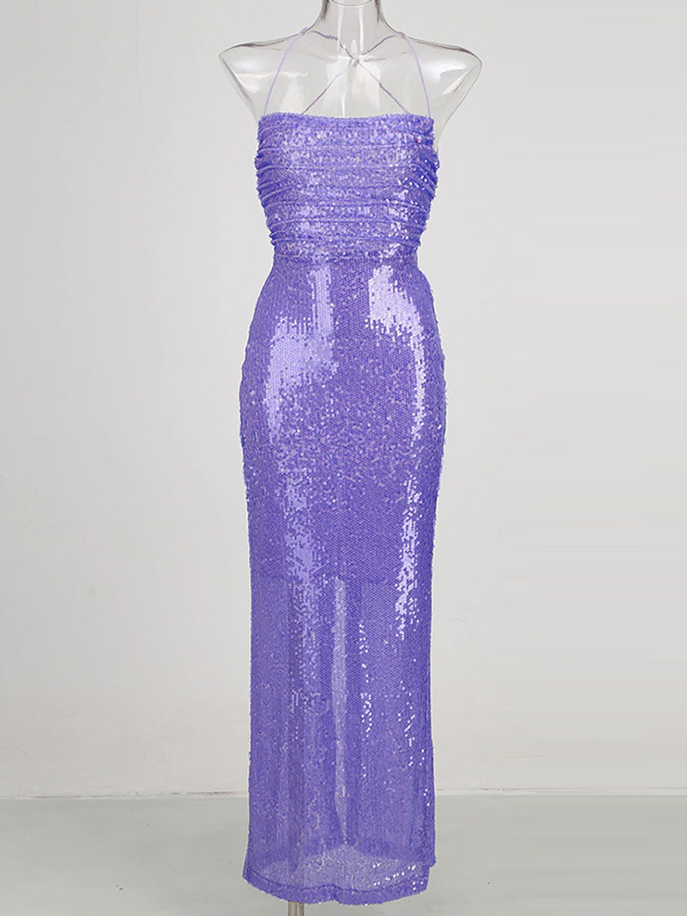 Sequin Spaghetti Strap Ruched Side Seam Bodycon Column Maxi Gown
