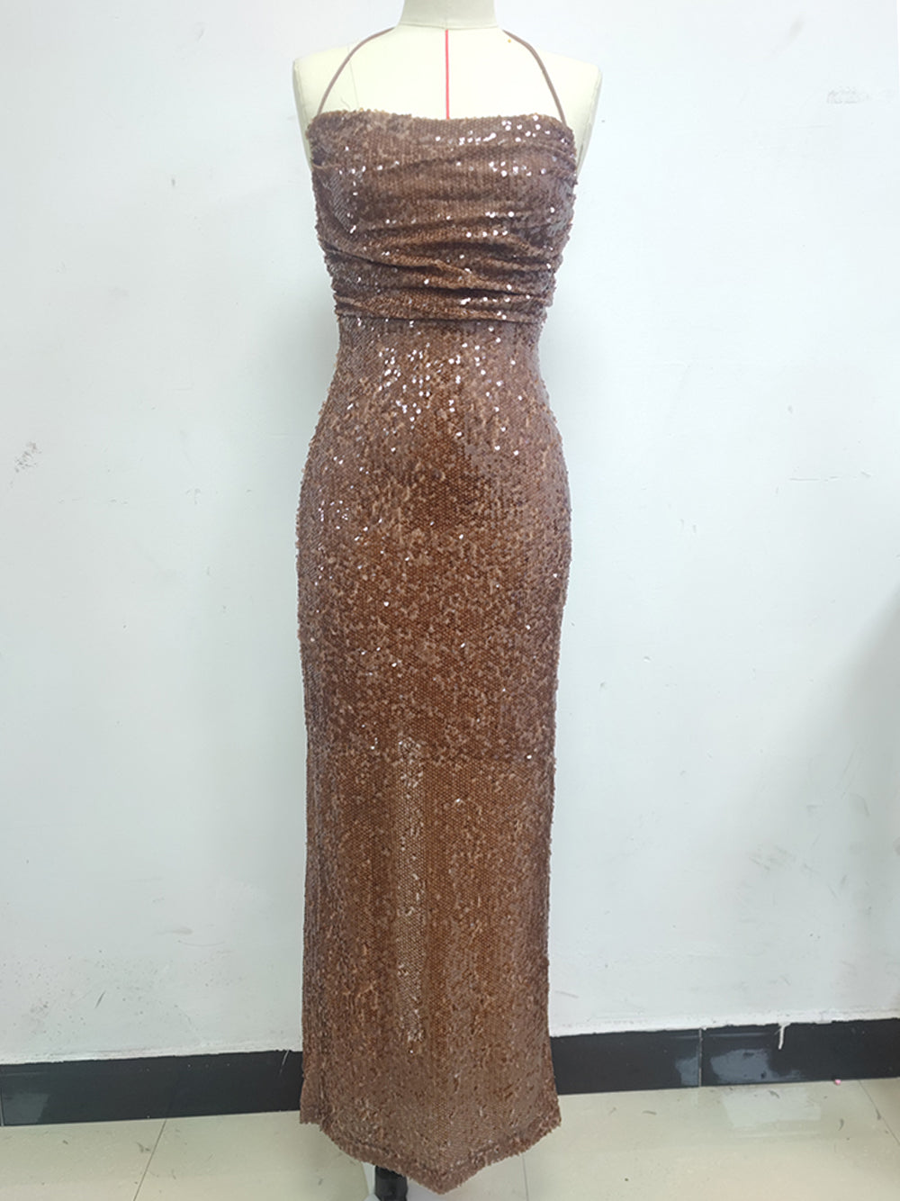 Sequin Halter Neck Ruched Bodycon Mermaid Maxi Gown
