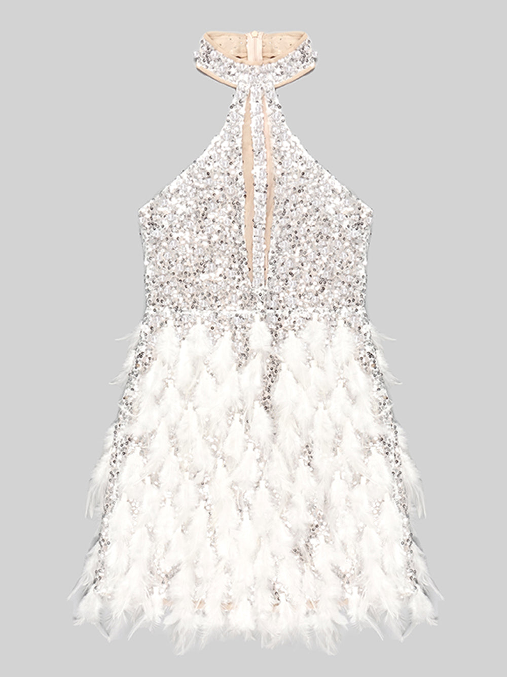 Sequin Halter Neck Plunge Feather Skirt Mini Dress