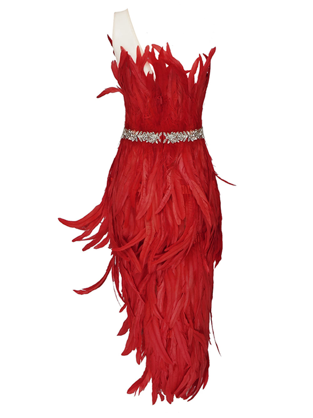 Strapless Rhinestone Belt Asymmetric Feather Hem Bodycon Mini Dress