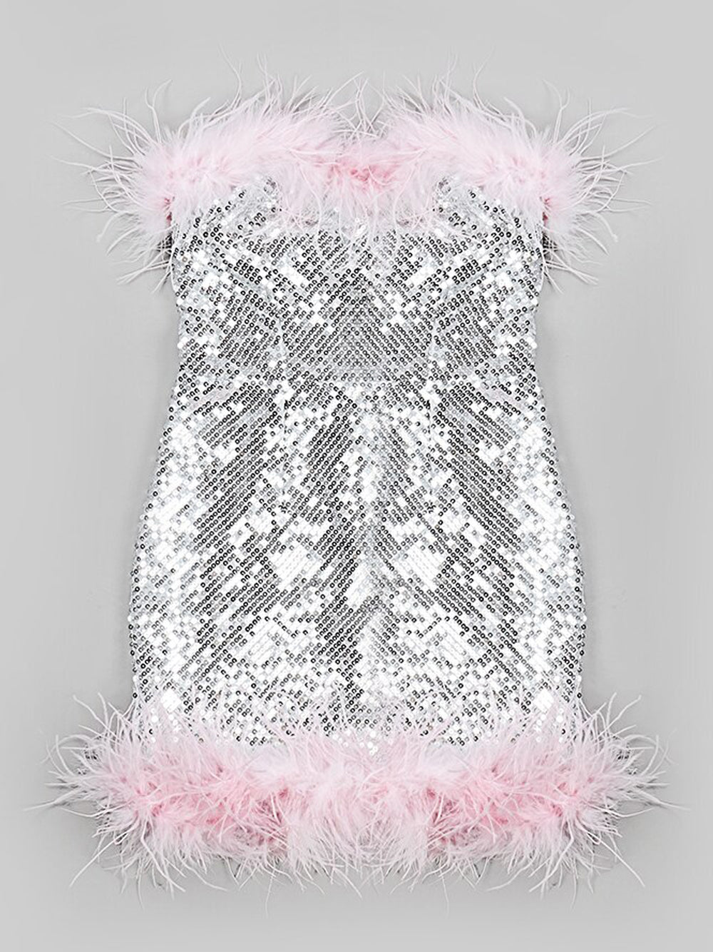 Sequin Strapless Feather Trim Bodycon Mini Dress