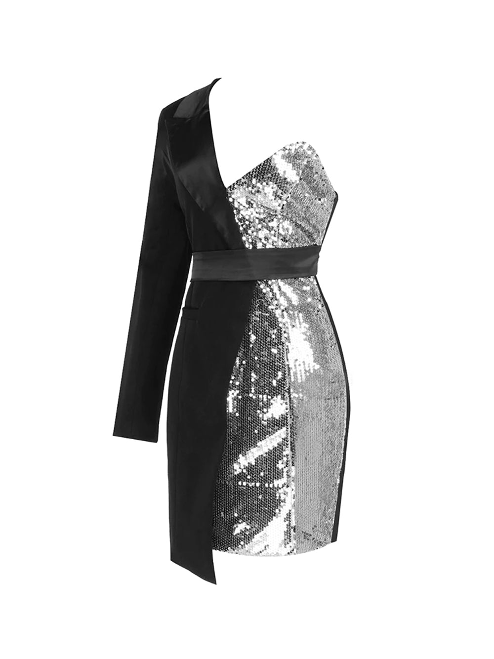 One Shoulder Long Sleeve Sequin Panel Tuxedo Blazer Mini Dress