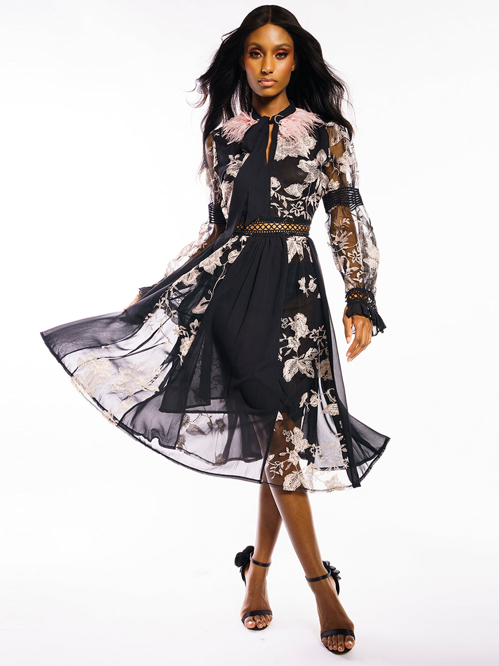 Feather Trim Floral Embroidery Tie Neck Lace Long Sleeve Midi Dress