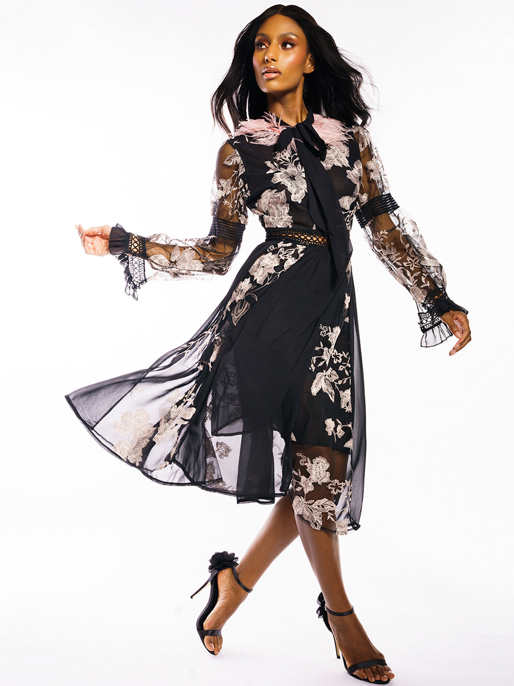 Feather Trim Floral Embroidery Tie Neck Lace Long Sleeve Midi Dress
