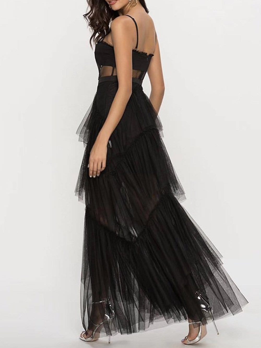 Mesh Corset Bodice Spaghetti Strap Tiered Tulle Maxi Gown