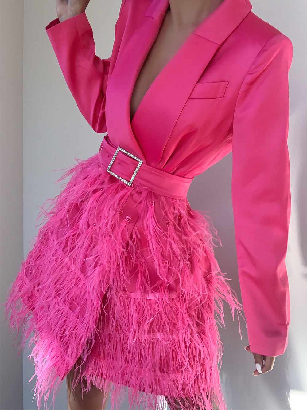 Satin Blazer Plunging V-Neck Rhinestone Buckle Belt Feather Skirt Mini Dress