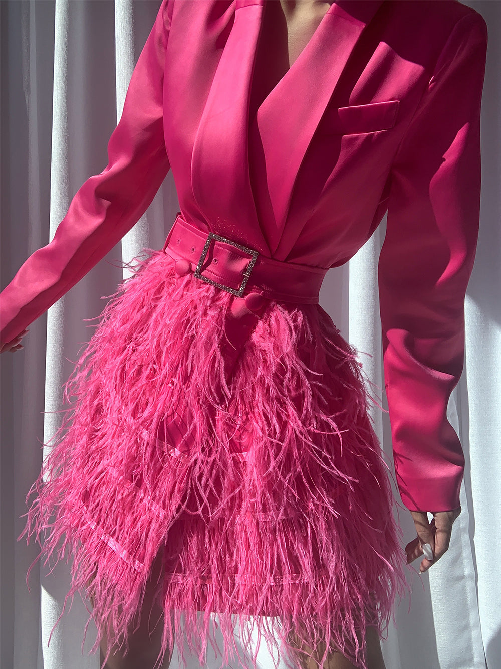 Satin Blazer Plunging V-Neck Rhinestone Buckle Belt Feather Skirt Mini Dress