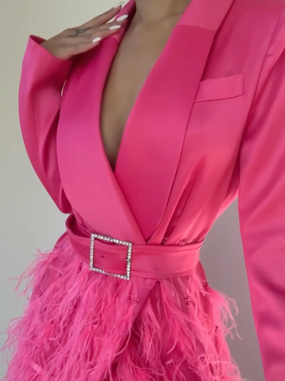 Satin Blazer Plunging V-Neck Rhinestone Buckle Belt Feather Skirt Mini Dress