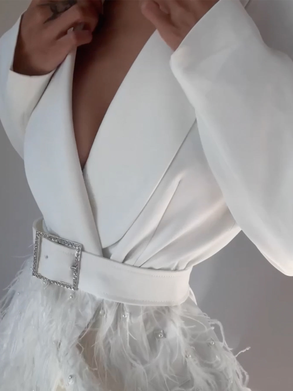 Deep V-Neck Notched Lapel Long Sleeve Rhinestone Belt Feather Pearl Mini Dress