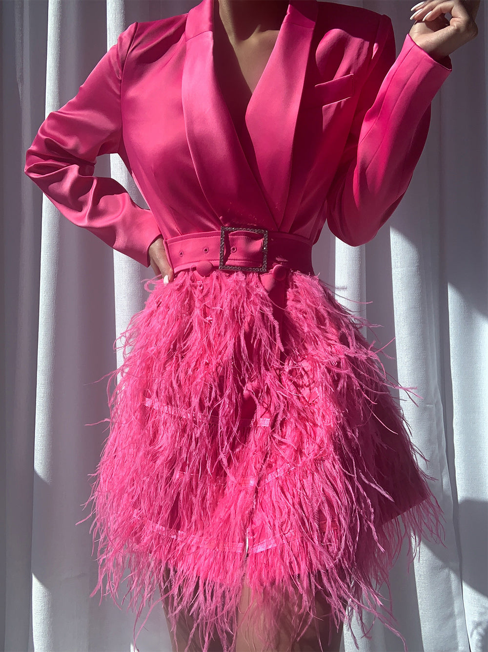 Satin Blazer Plunging V-Neck Rhinestone Buckle Belt Feather Skirt Mini Dress