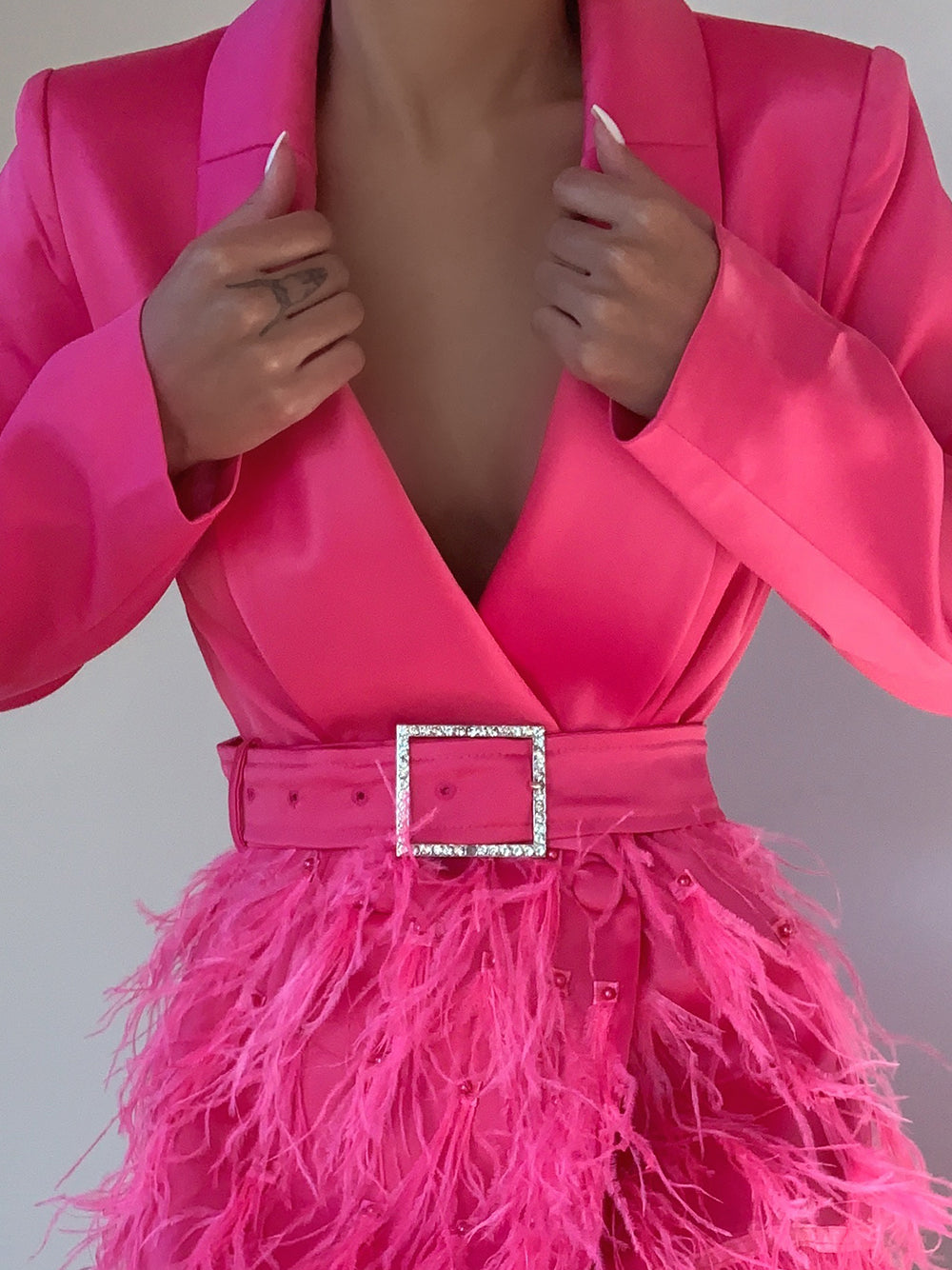 Satin Blazer Plunging V-Neck Rhinestone Buckle Belt Feather Skirt Mini Dress