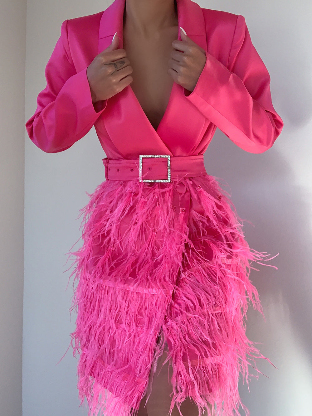Satin Blazer Plunging V-Neck Rhinestone Buckle Belt Feather Skirt Mini Dress