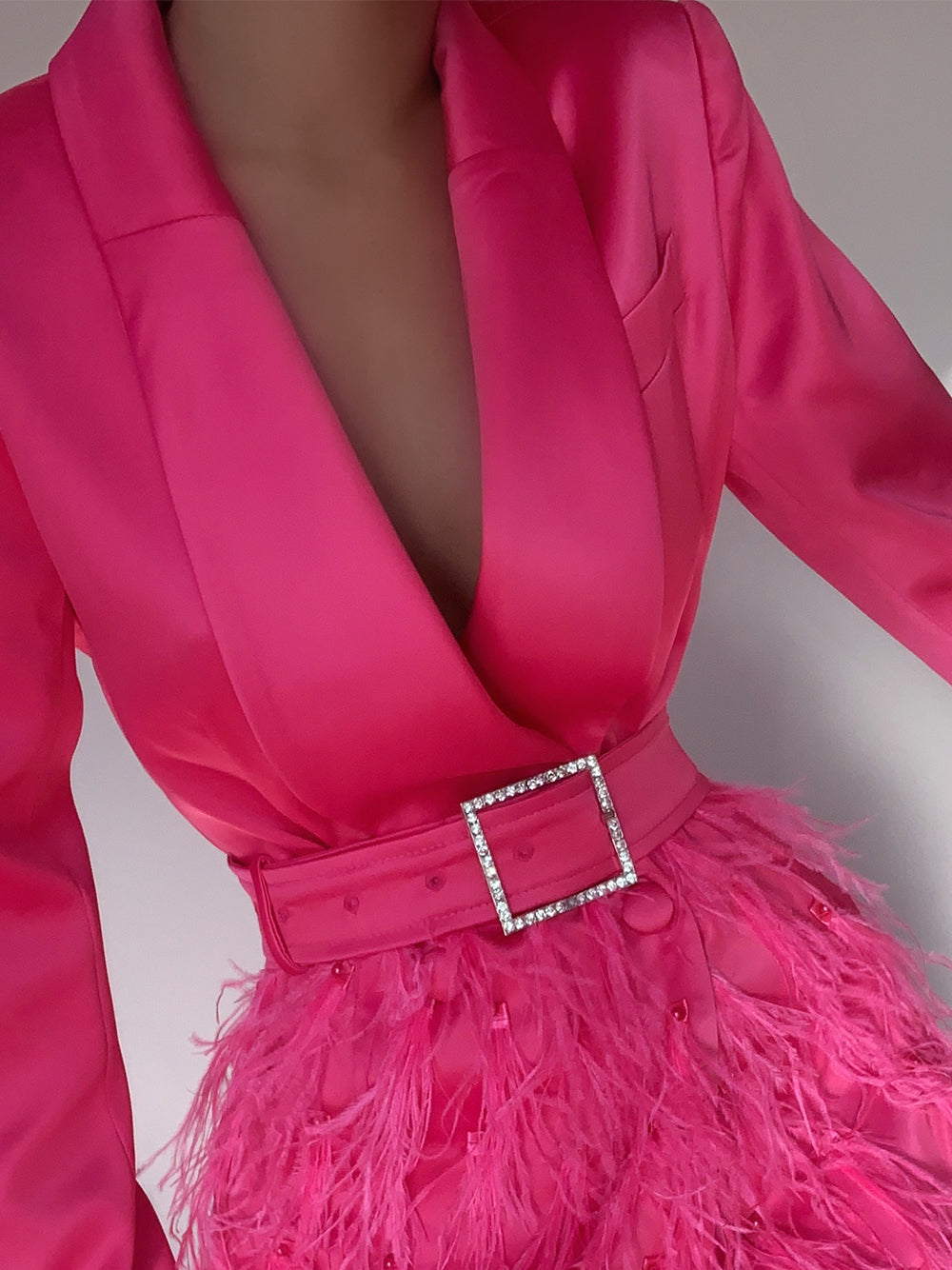 Satin Blazer Plunging V-Neck Rhinestone Buckle Belt Feather Skirt Mini Dress