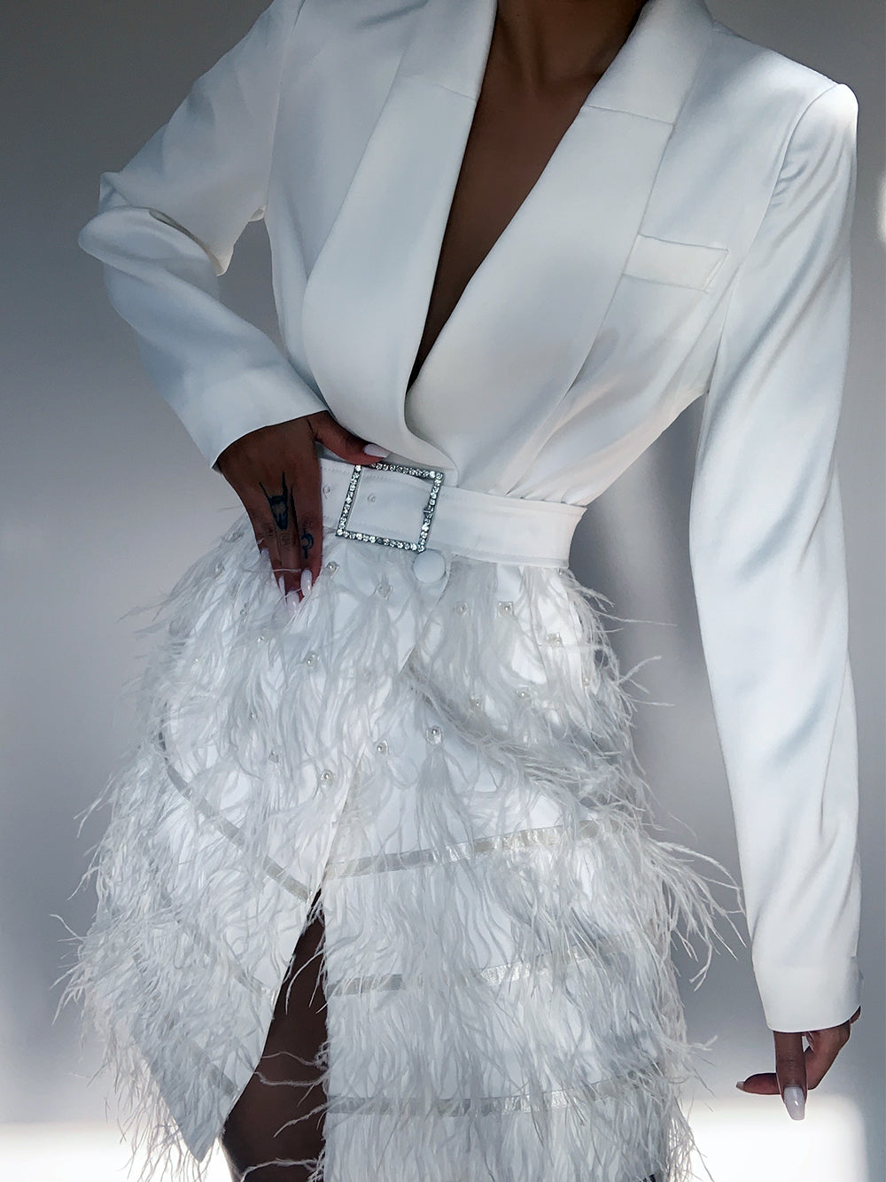 Deep V-Neck Notched Lapel Long Sleeve Rhinestone Belt Feather Pearl Mini Dress
