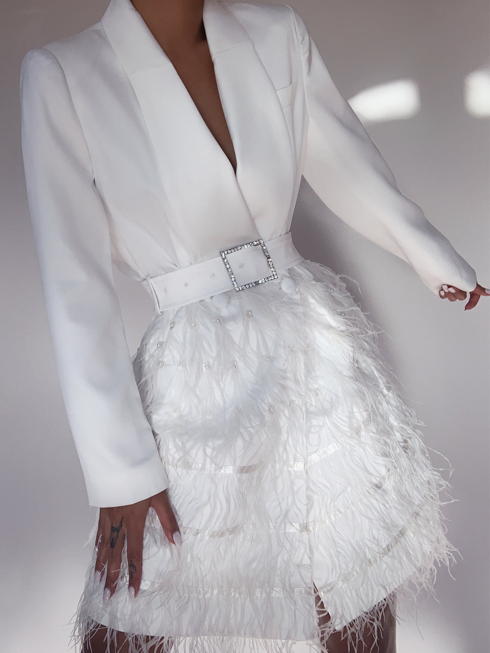 Deep V-Neck Notched Lapel Long Sleeve Rhinestone Belt Feather Pearl Mini Dress