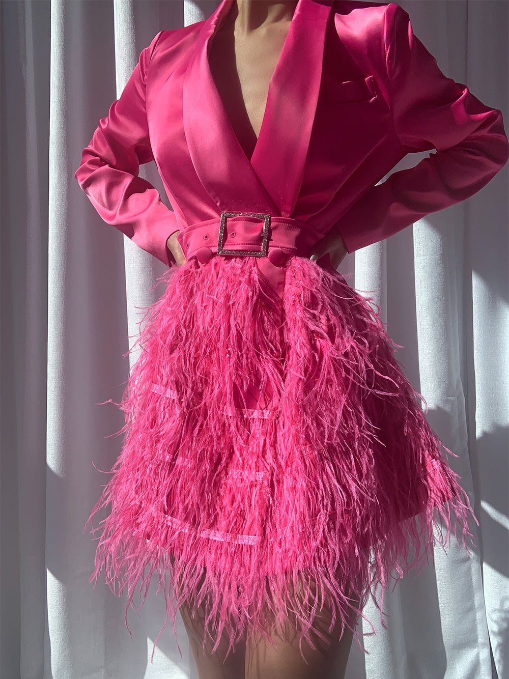 Satin Blazer Plunging V-Neck Rhinestone Buckle Belt Feather Skirt Mini Dress