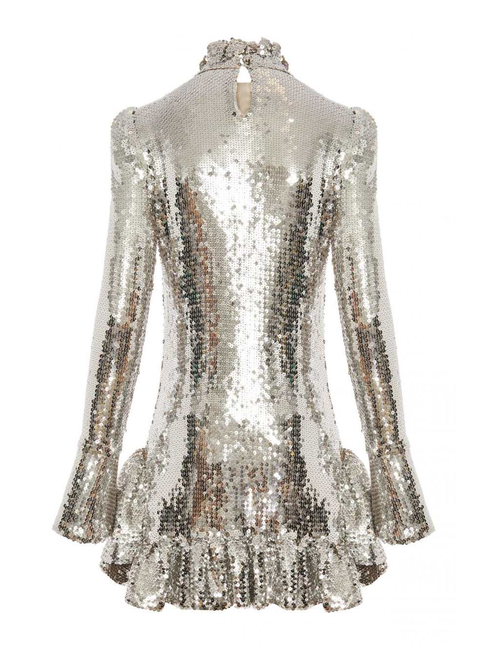Sequin High Neck Long Sleeve Ruffle Hem Mini Party Dress