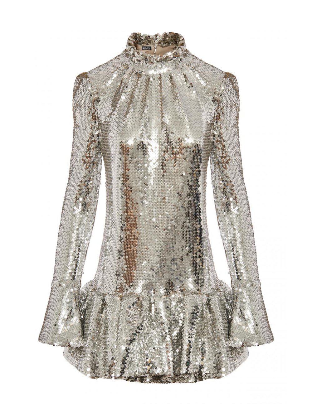Sequin High Neck Long Sleeve Ruffle Hem Mini Party Dress