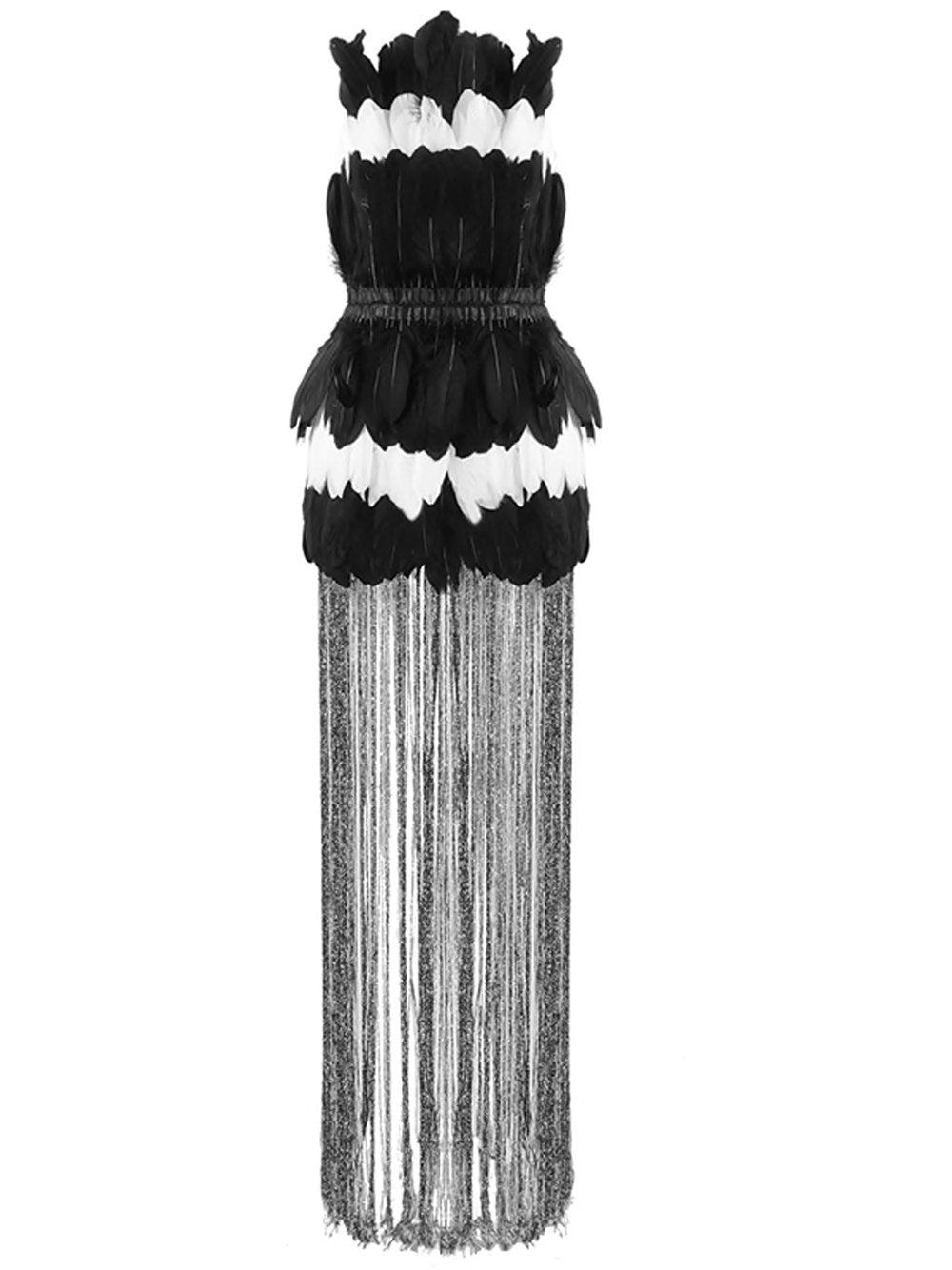 Strapless Feather Tiered Metallic Fringe Mini Dress