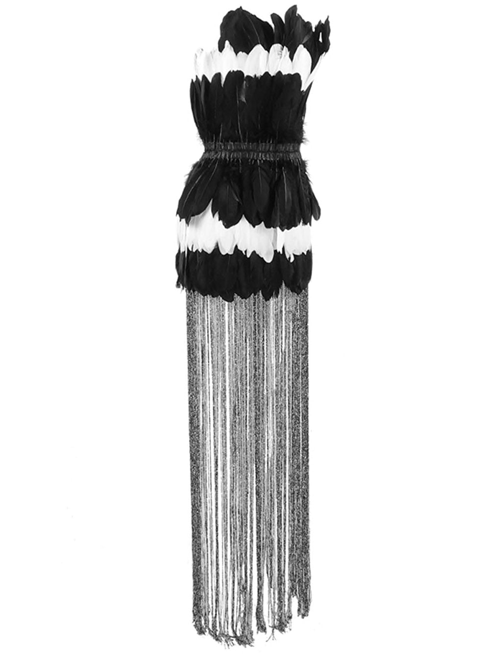 Strapless Feather Tiered Metallic Fringe Mini Dress