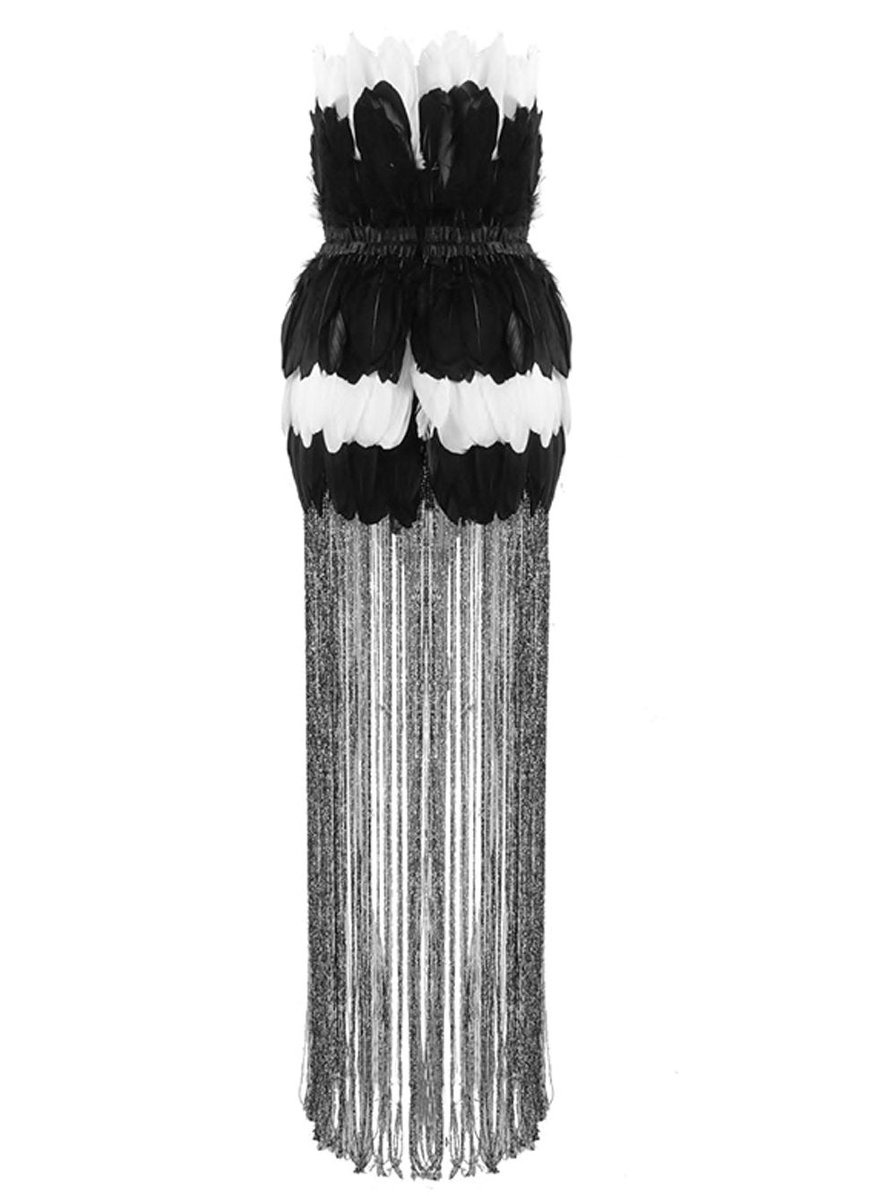 Strapless Feather Tiered Metallic Fringe Mini Dress